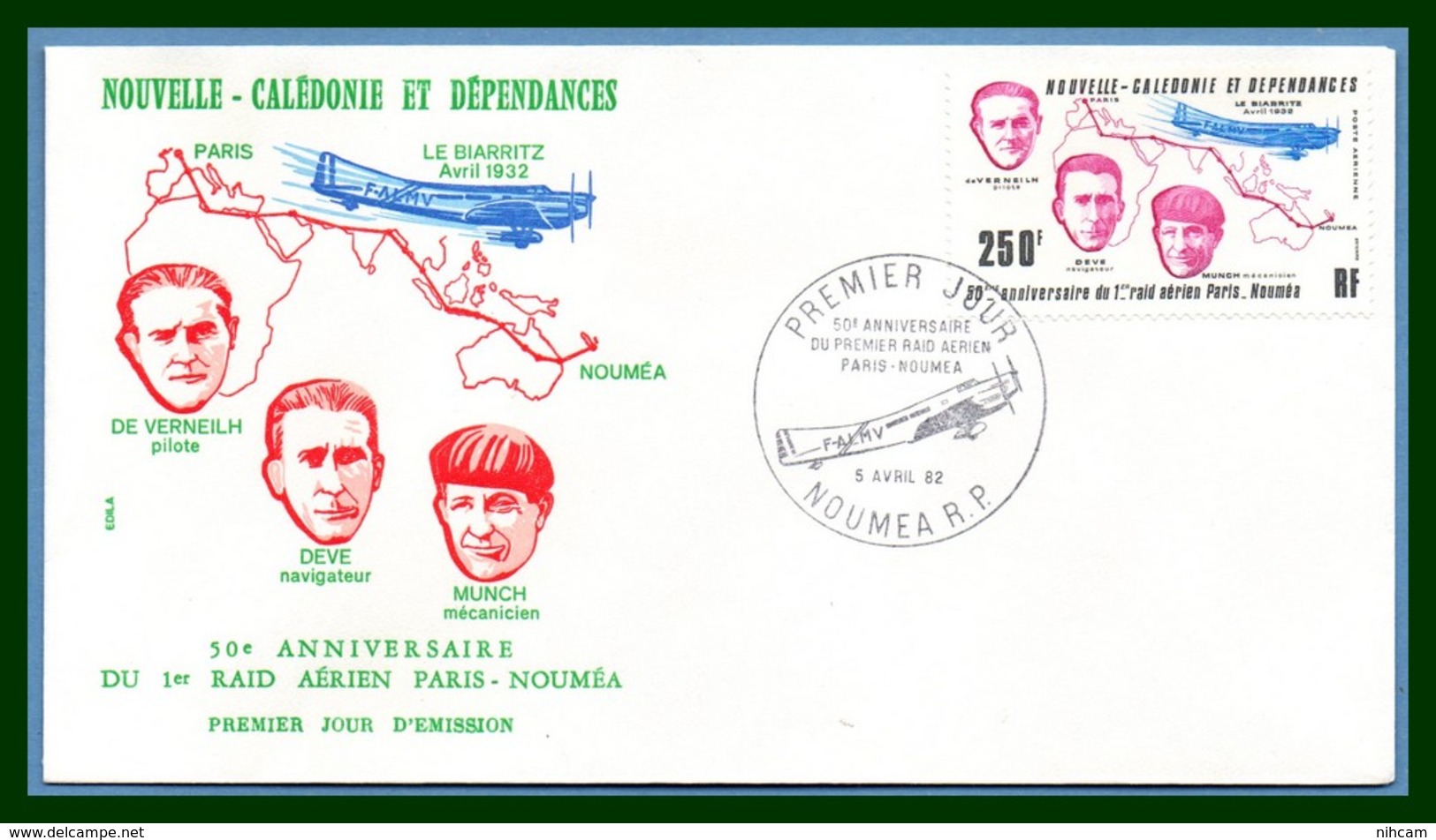 Nouvelle Calédonie  FDC N° PA 222 50é Ann. Du 1er Raid Aérien Paris - Nouméa 1982 Aviateur Avion - FDC