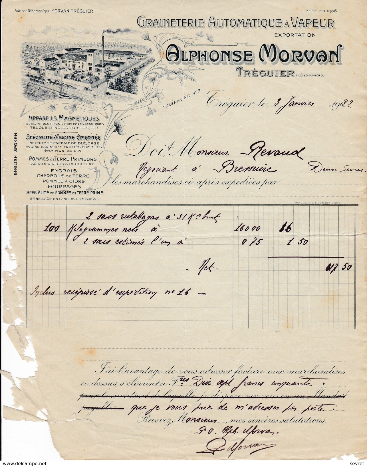 TREGUIER  Côtes Du Nord .  Alphonse  Morvan. Graineterie Automatique à Vapeur.   Beau Document Format  21x29 - Alimentos