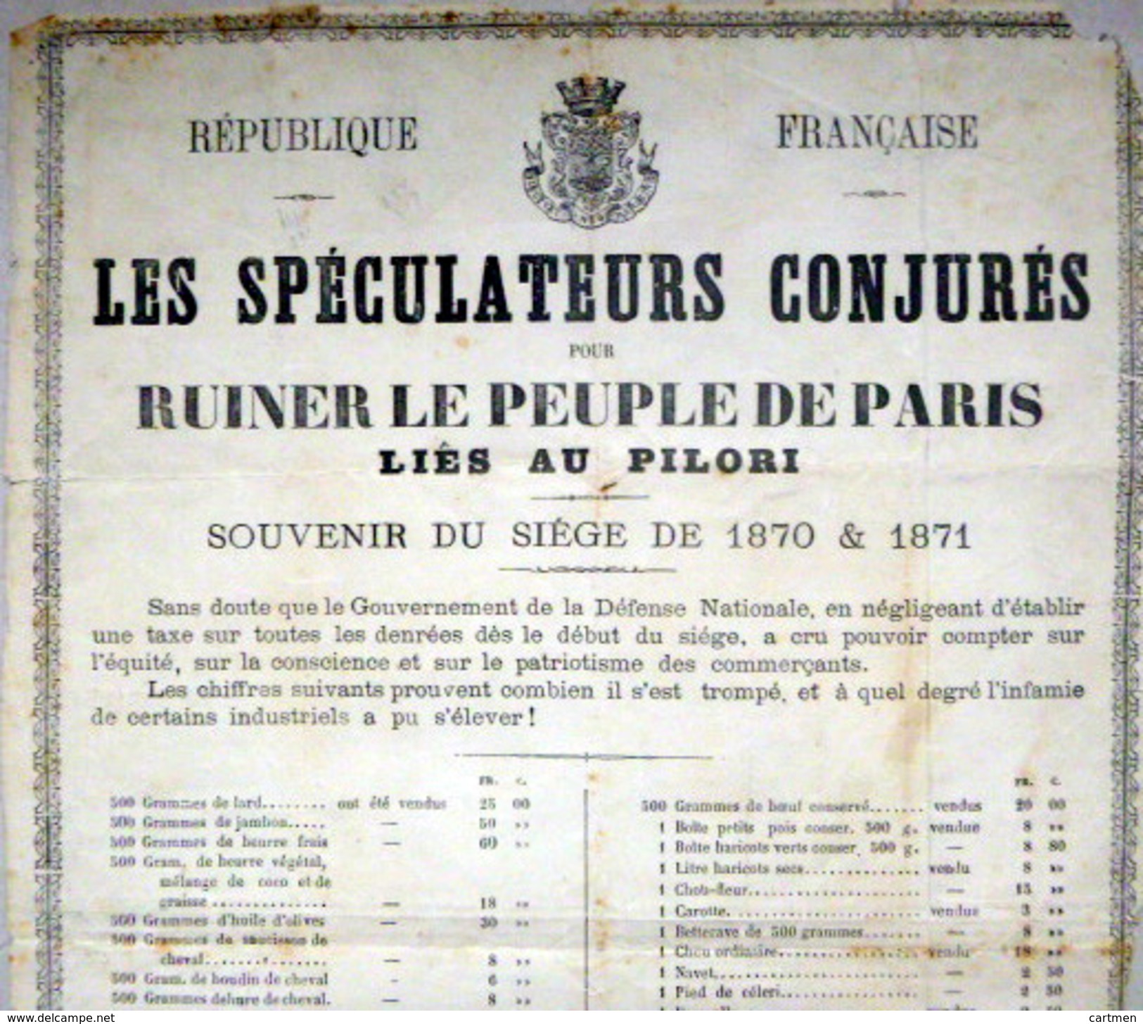 GUERRE DE 1870 PLACARD DENONCANT LA SPECULATION PENDANT LE SIEGE DE PARIS MARCHE NOIR ET FAMINE 1871 - Documents Historiques
