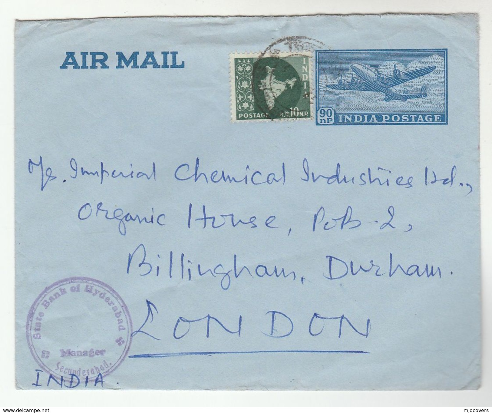 Secunderbad INDIA BANK Of HYDERABAD  UPRATED  AIRMAIL Postal STATIONERY COVER To GB Banking Finance Aviation - Briefe