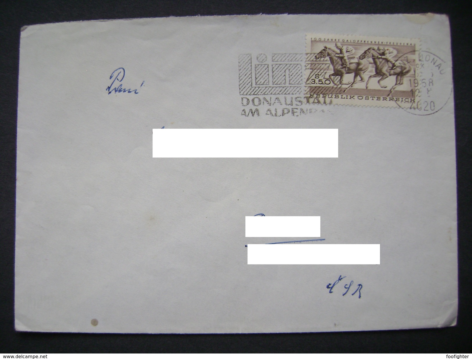 Cover 1968 - Postmark LINZ Donaustadt Am Alpenrand - Czechoslovakia, Stamp Horses 100 Jahre Galopprennen Freudenau 3,5 S - Covers & Documents