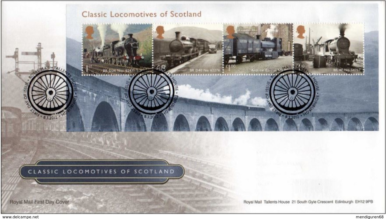 GROSSBRITANNIEN GRANDE BRETAGNE GB 2012 TRAINS OF SCOTLAND M/S FDC SG MS3283 SC SH3007 MI BLOCK74-3221-24 YV C3758 - 2011-2020 Dezimalausgaben