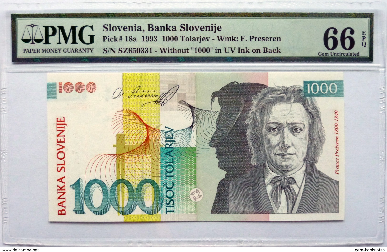 Slovenia 1000 Tolarjev 1993 P18a Graded 66 EPQ Gem Uncirculated By PMG - Eslovenia