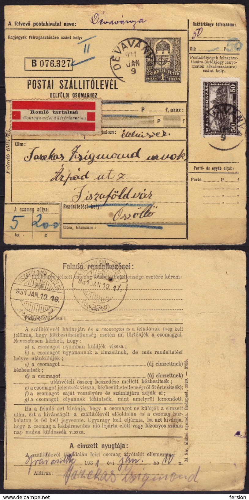 1931 HUNGARY Delivery Note Packet Form Postal Parcel Stationery Revenue Sujet Détérioration FOOD Vignette Label - Parcel Post
