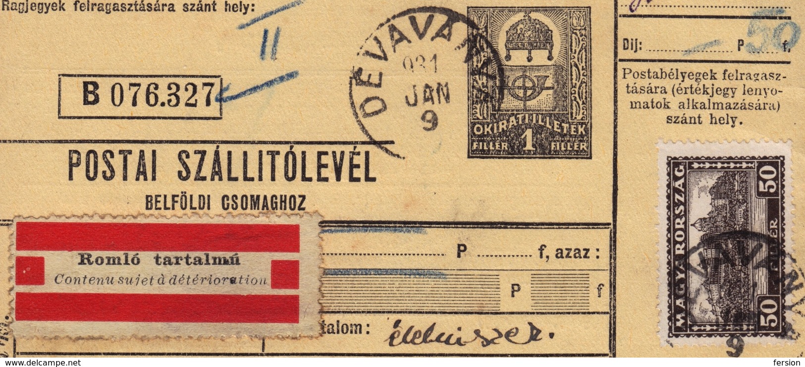 1931 HUNGARY Delivery Note Packet Form Postal Parcel Stationery Revenue Sujet Détérioration FOOD Vignette Label - Parcel Post