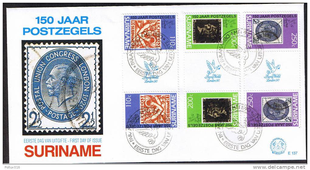 Surinam / Suriname 1990 FDC 137 UPU Black Penny Stamp World London 90 Gutterpair 2 - Timbres Sur Timbres