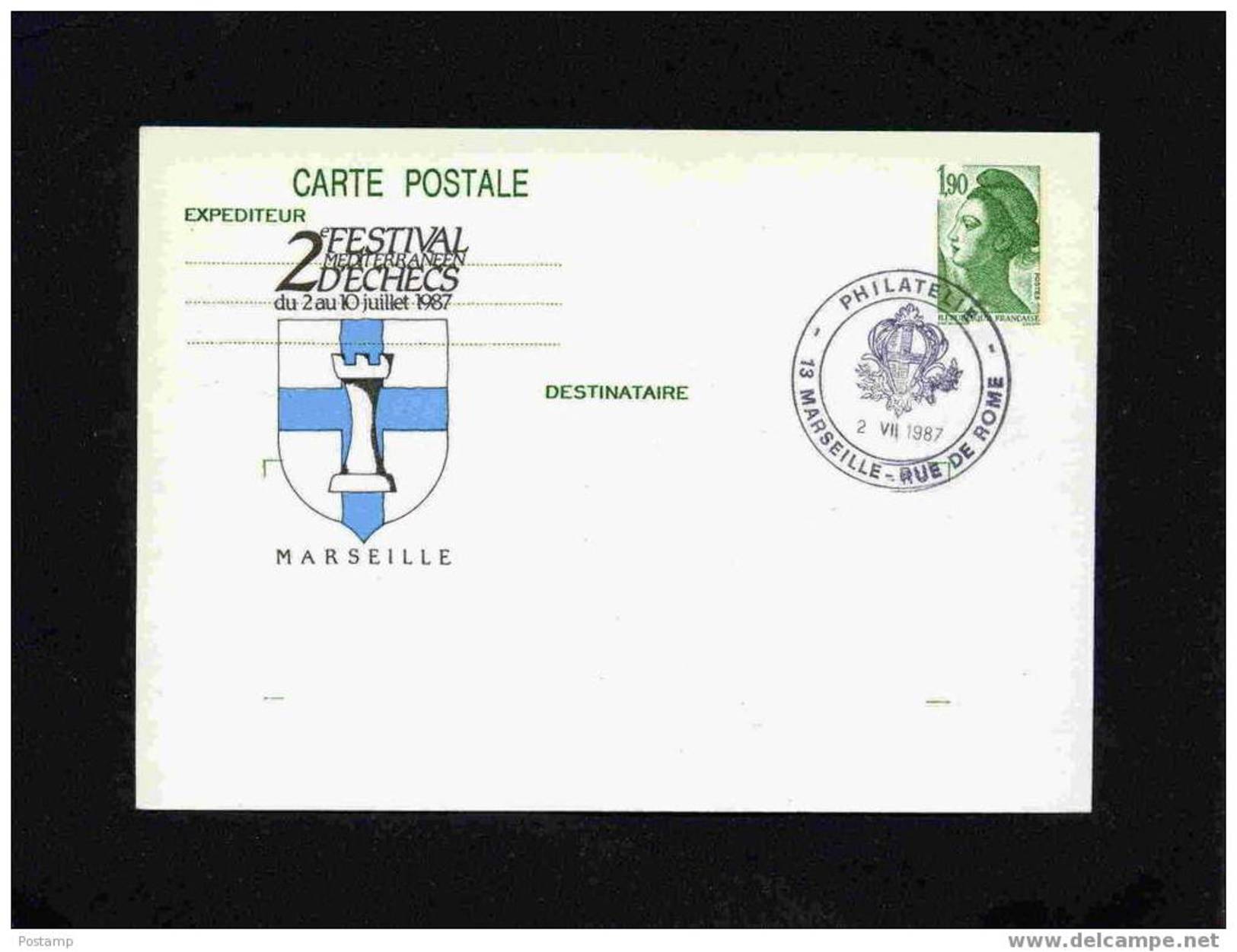 Carte 1,90 Liberté Entier Postal -gandon-repiquage - Illustrée 2°festival Jeu D' Echecs -marseille-1987- - Bijgewerkte Postkaarten  (voor 1995)