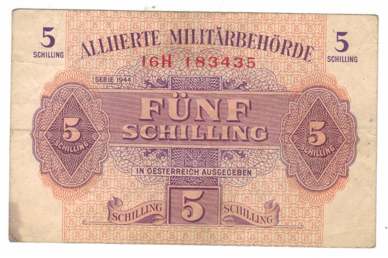 Austria 5 Shilling, WWII.  1944, VF . Free S & H To USA. - Austria