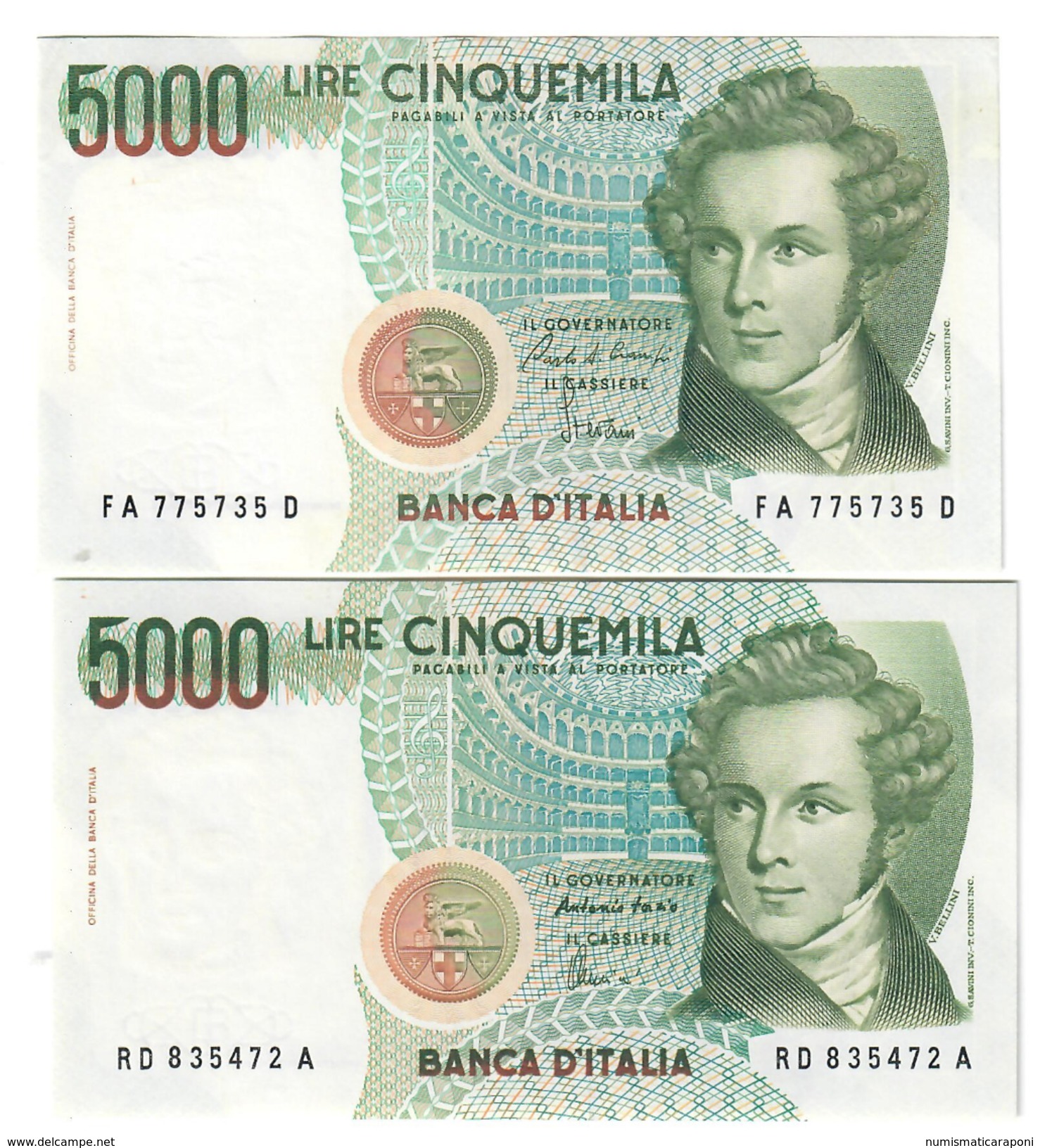 5000 Lire Vincenzo Bellini A 1985 + D 1996 Sup/fds LOTTO 1669 - 5000 Lire