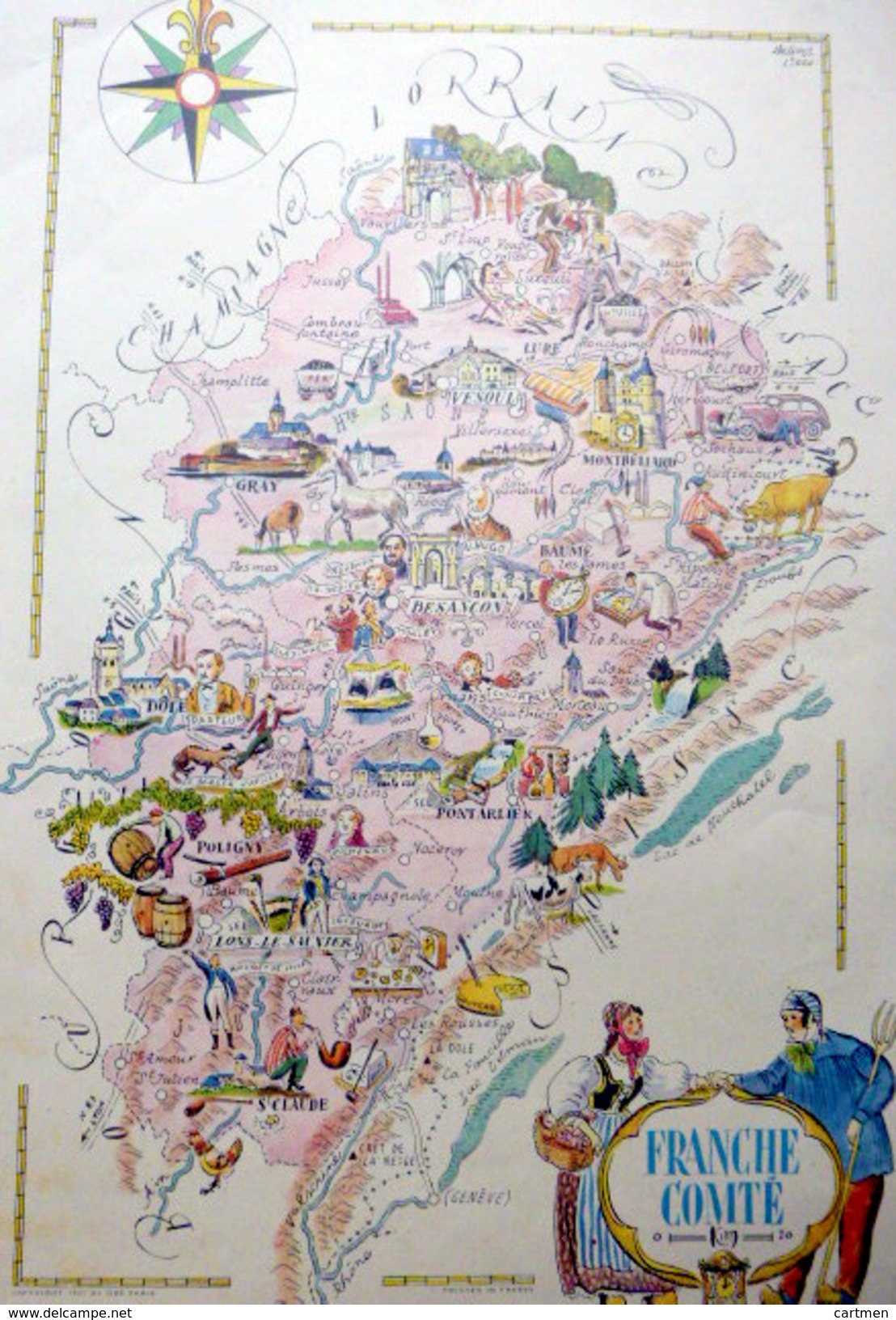 25 DOUBS 39 JURA 70 HAUTE SAONE FRANCHE COMTE CARTE REPRESENTANT LES PRINCIPALES RICHESSES ET COUTUMES DE LA REGION - Geographical Maps