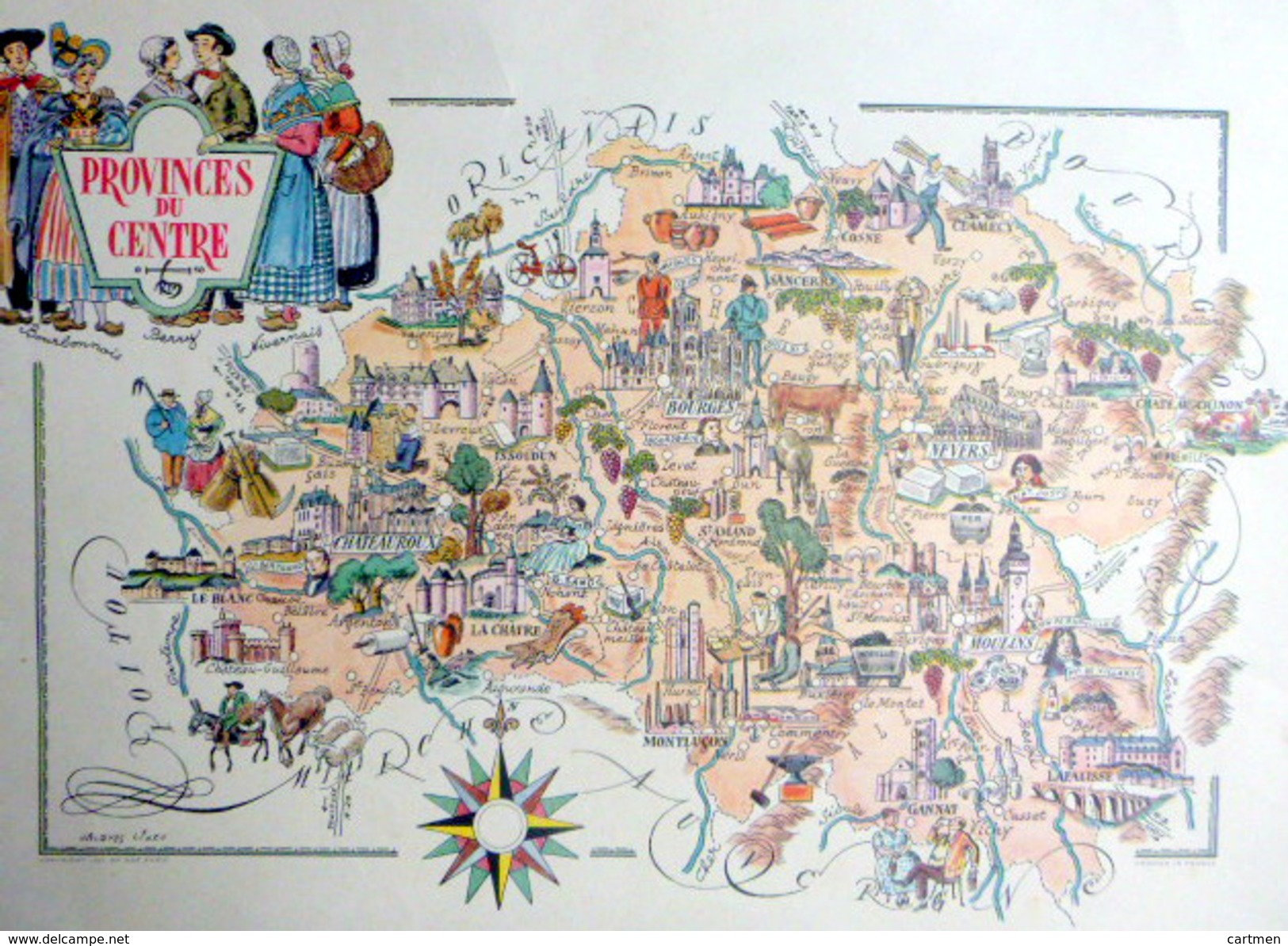 18 CHER 03 ALLIER 58 NIEVRE PROVINCES DU CENTRE   CARTE REPRESENTANT LES PRINCIPALES RICHESSES ET COUTUMES DE LA REGION - Landkarten