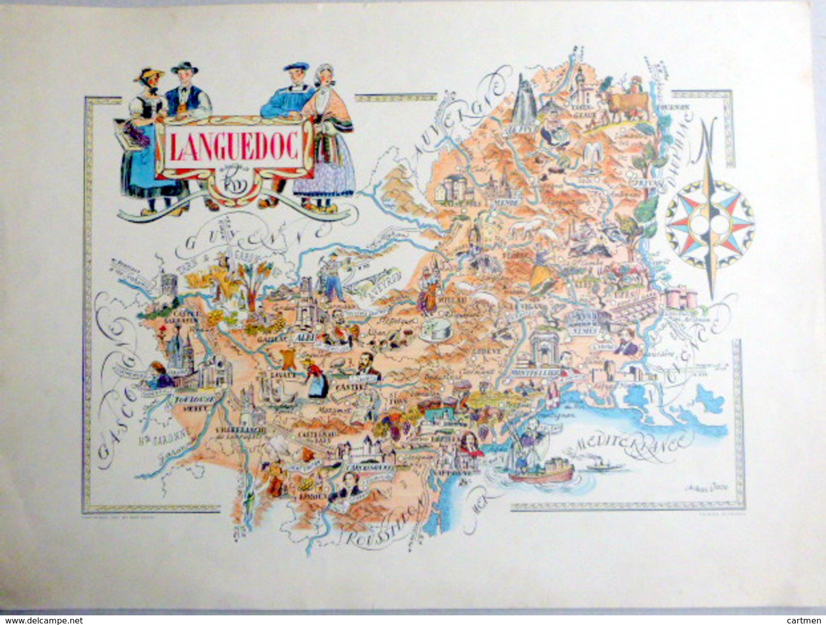 12 AVEYRON  30 GARD 34 HERAULT 11 AUDE  LANGUEDOC CARTE REPRESENTANT LES PRINCIPALES RICHESSES ET COUTUMES DE LA REGION - Cartes Géographiques