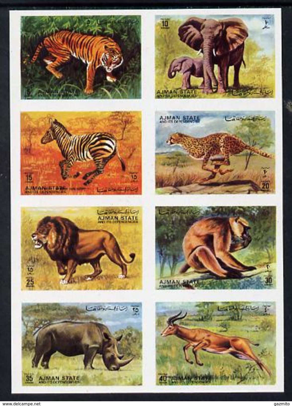 Ajman 1972, Animals, Tiger, Elephants, Lions, Rhino, 6val IMPERFORATED - Rhinocéros