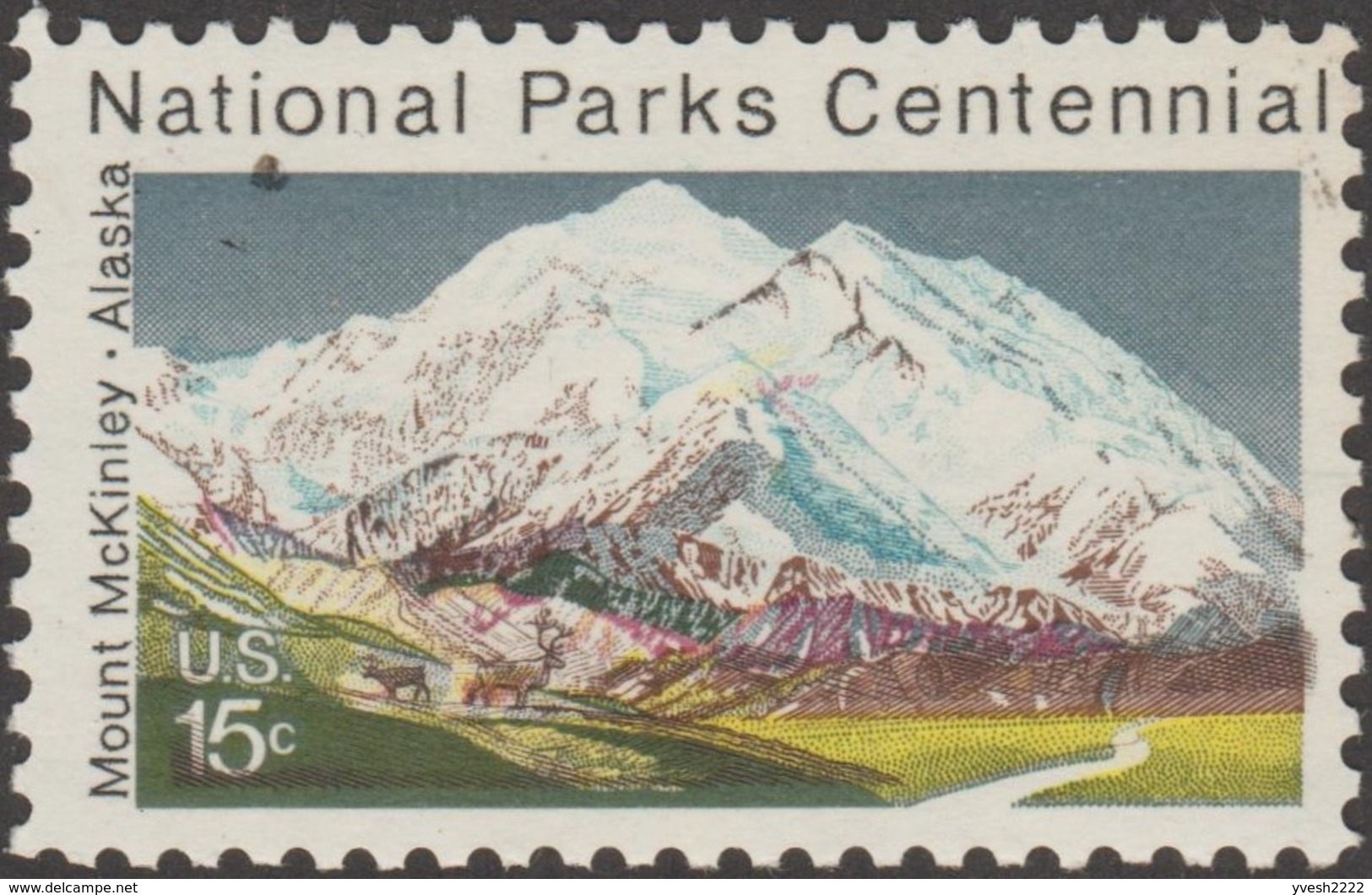 Etats-Unis 1972  Y&T 954. Curiosités D'impressions. Parcs Nationaux. Alaska, Mont McKinley Ou Denali, 6190 Mètres. Cerfs - Montagnes