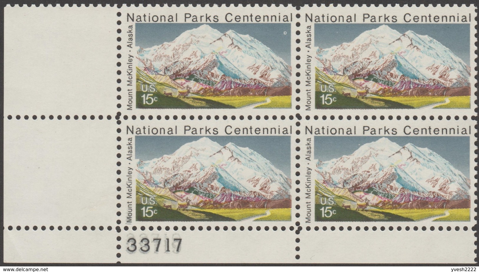 Etats-Unis 1972  Y&T 954. Curiosités D'impressions. Parcs Nationaux. Alaska, Mont McKinley Ou Denali, 6190 Mètres. Cerfs - Berge