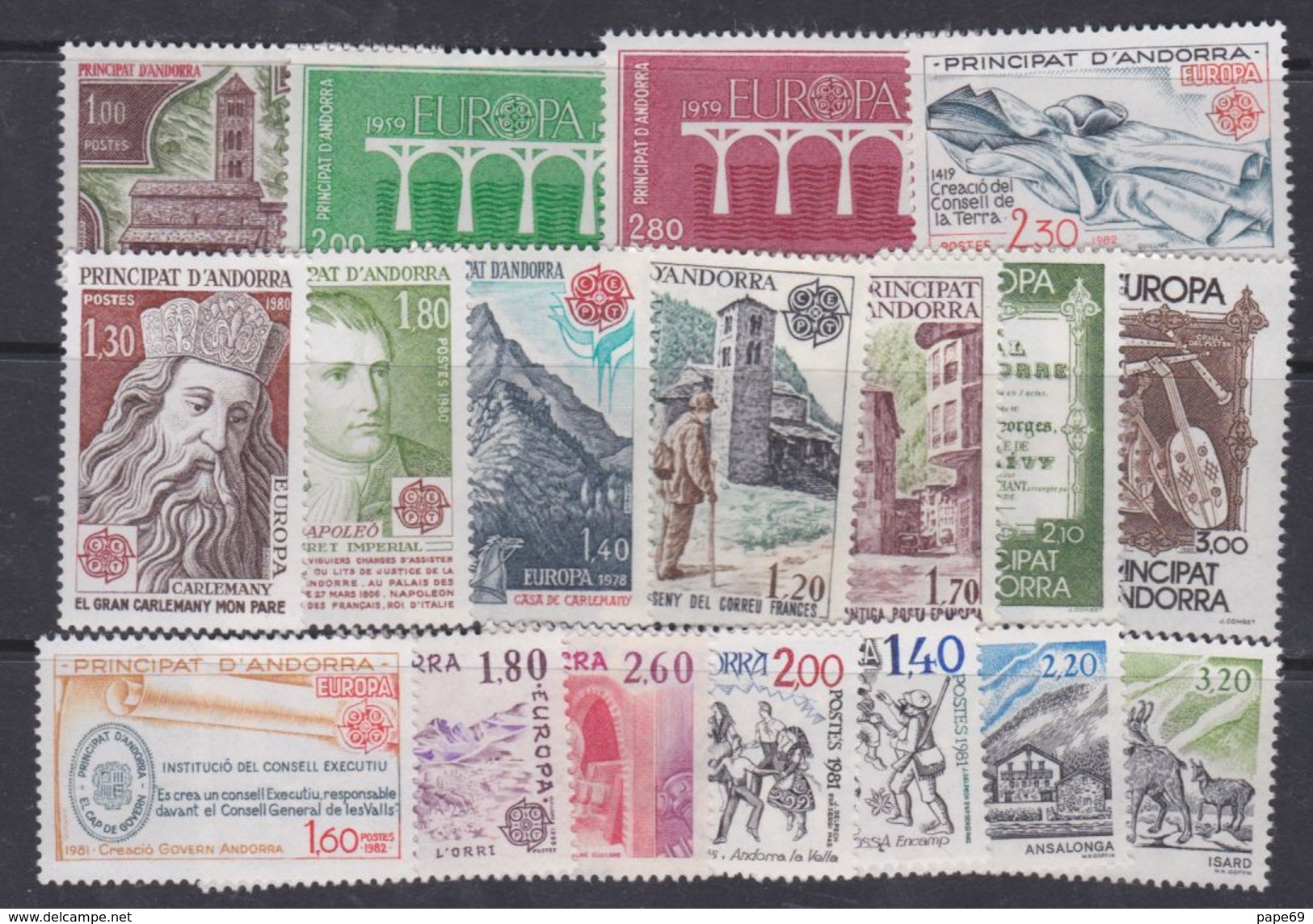 Andorre : Lot Des 18 Timbres XX  Sujets Europa 1978 à 1986 Neufs Sans Charnière à 15 % De La Cote - Collections