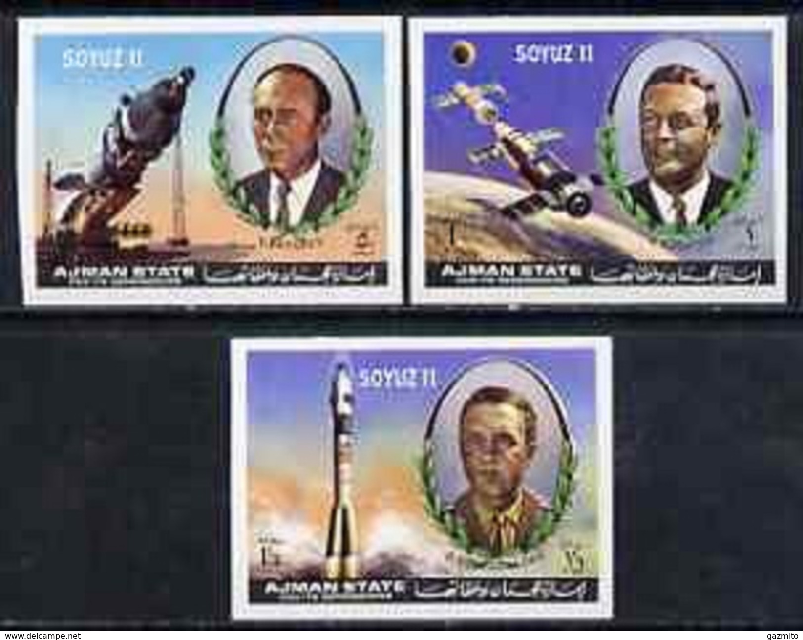 Ajman 1972, Space, Soyuz 11, 3val IMPERFORATED - Adschman