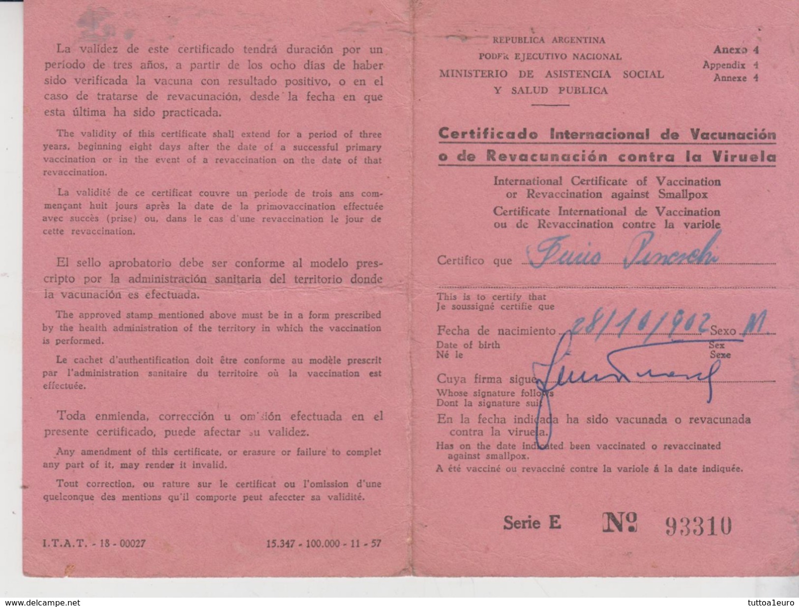 Salute Medicina Medicine Argentina Certificadi Contra La Viruela 1958  Vaiolo - Salute