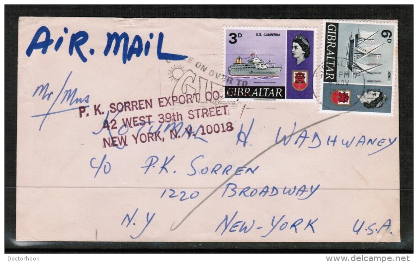 GIBRALTAR   Scott #190 &amp;192 On REDIRECTED COMMERCIAL AIRMAIL COVER To N.Y. (6/NOV/1969) - Gibraltar