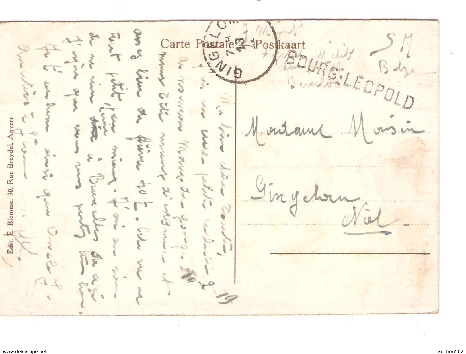 CP De Beverloo Datée 10/2/1919 En SM Griffe Bourg Léopold + C.Gingelom 13/2/.. PR4290 - Linear Postmarks