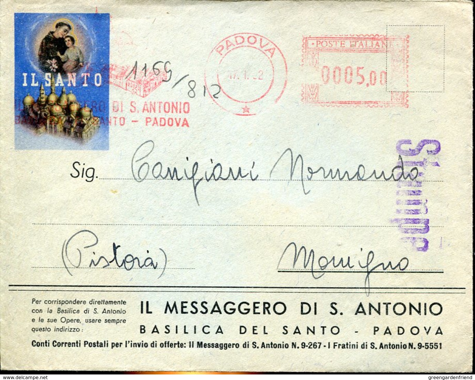 20240 Italia, Red Meter/freistempel/ema/ Padova 1952 Messaggero Di San Antonio, /st.anthony, St. Antoine - Christianity