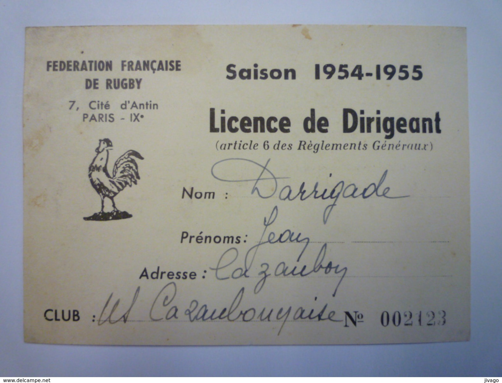 U.S. CAZAUBONNAISE  :  LICENCE De DIRIGEANT  -  SAISON  1954 - 1955   - Rugby