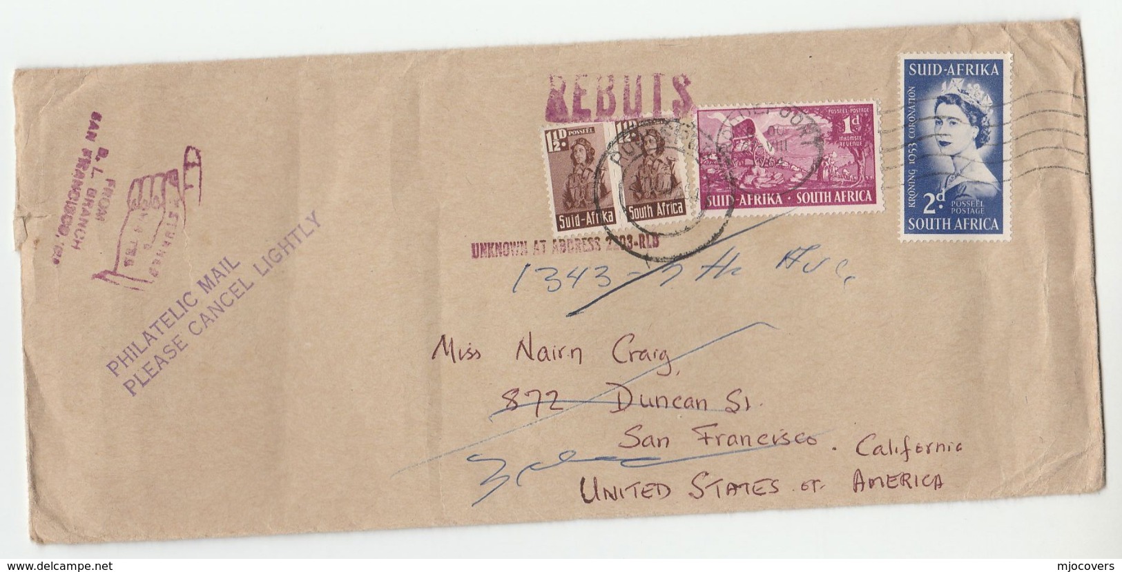 1964 Roodepoort COVER Stamps 'REBUTS' 'UNKNOWN' 'UNCLAIMED' 'RETURNED TO SENDER ' South Africa To USA - Covers & Documents