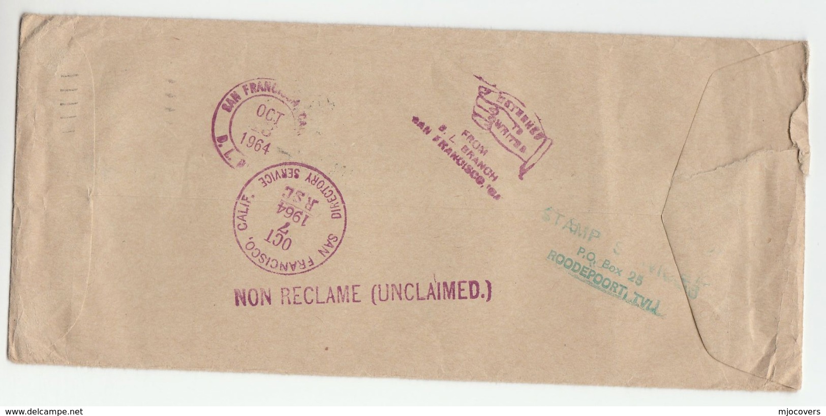 1964 Roodepoort COVER Stamps 'REBUTS' 'UNKNOWN' 'UNCLAIMED' 'RETURNED TO SENDER ' South Africa To USA - Covers & Documents