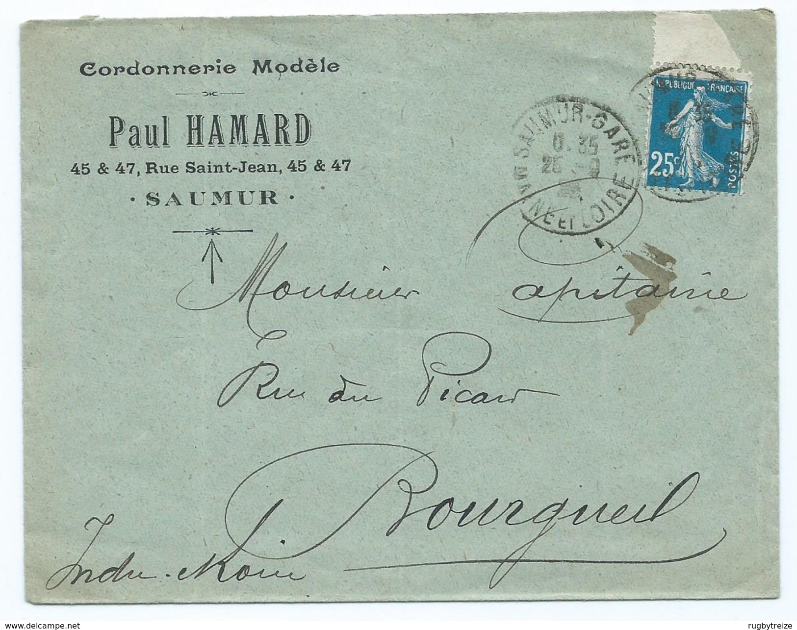 2073 - Lettre Cordonnerie HAMARD Saumur Cachet Saumur Gare Pour Bourgueil Capitaine Semeuse Bord De Feuille 1923 - 1921-1960: Période Moderne