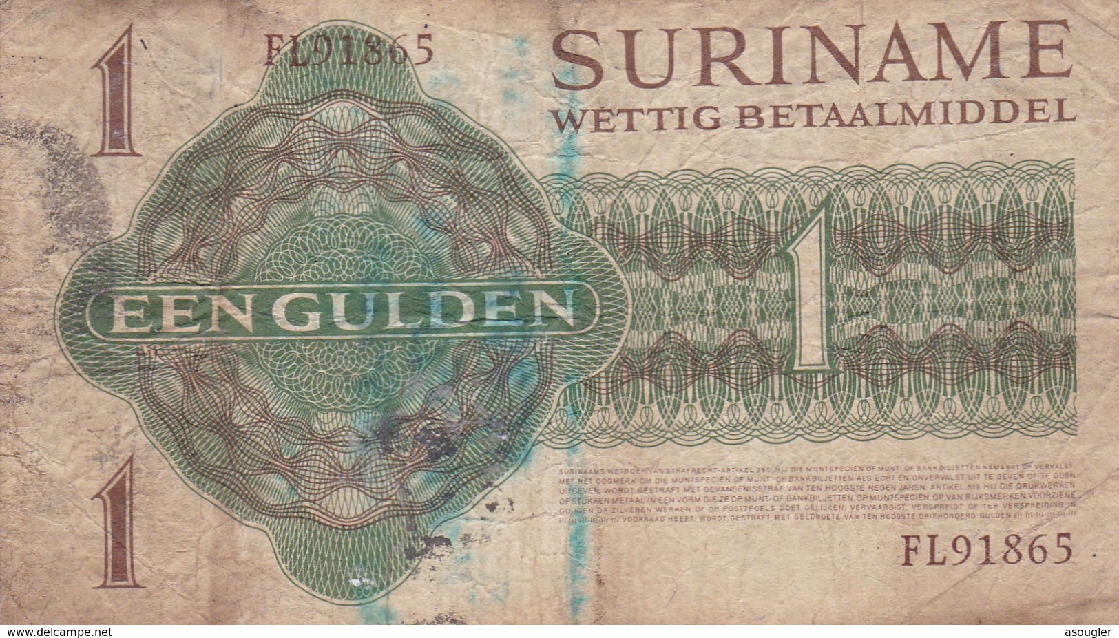 Surinam 1 GULDEN 1971 VG-F P-116b (free Shipping Via Regular Air Mail (buyer Risk) - Suriname