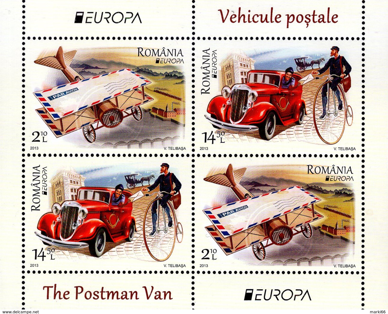 Romania - 2013 - Europa CEPT - Postal Vehicles - Mint Souvenir Sheet, Type B - Neufs