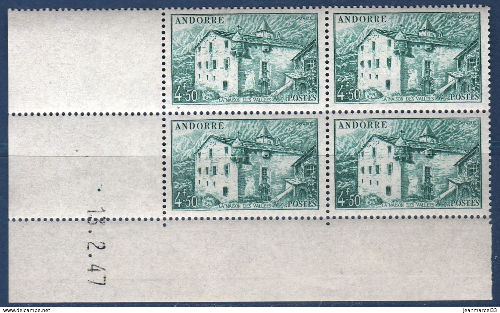 Bloc De 4 Coin Daté 15.2.47 Du 4f50 Vert Bleu Maison Des Vallées Neuf Sans Charnière, - Unused Stamps