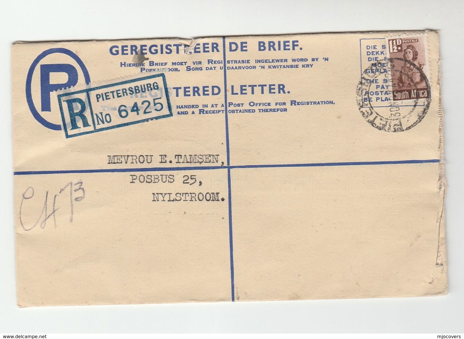 1942 South Africa REGISTERED Postal STATIONERY COVER UPRATED Stamps Pietersburg To Nylstroom - Covers & Documents