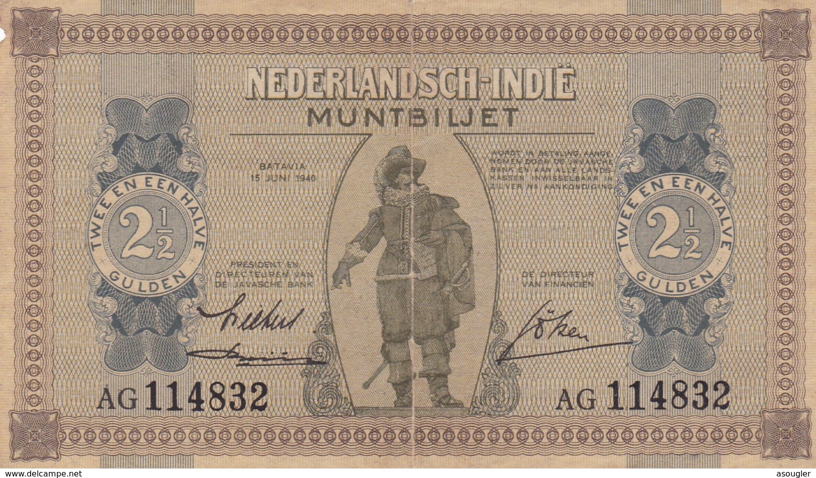 NETHERLANDS INDIES 2 1/2  GULDEN 1940 MUNTBILJETTEN ISSUE VG-F P-109a  (free Shipping Via Regular Air Mail (buyer Risk) - Andere - Azië