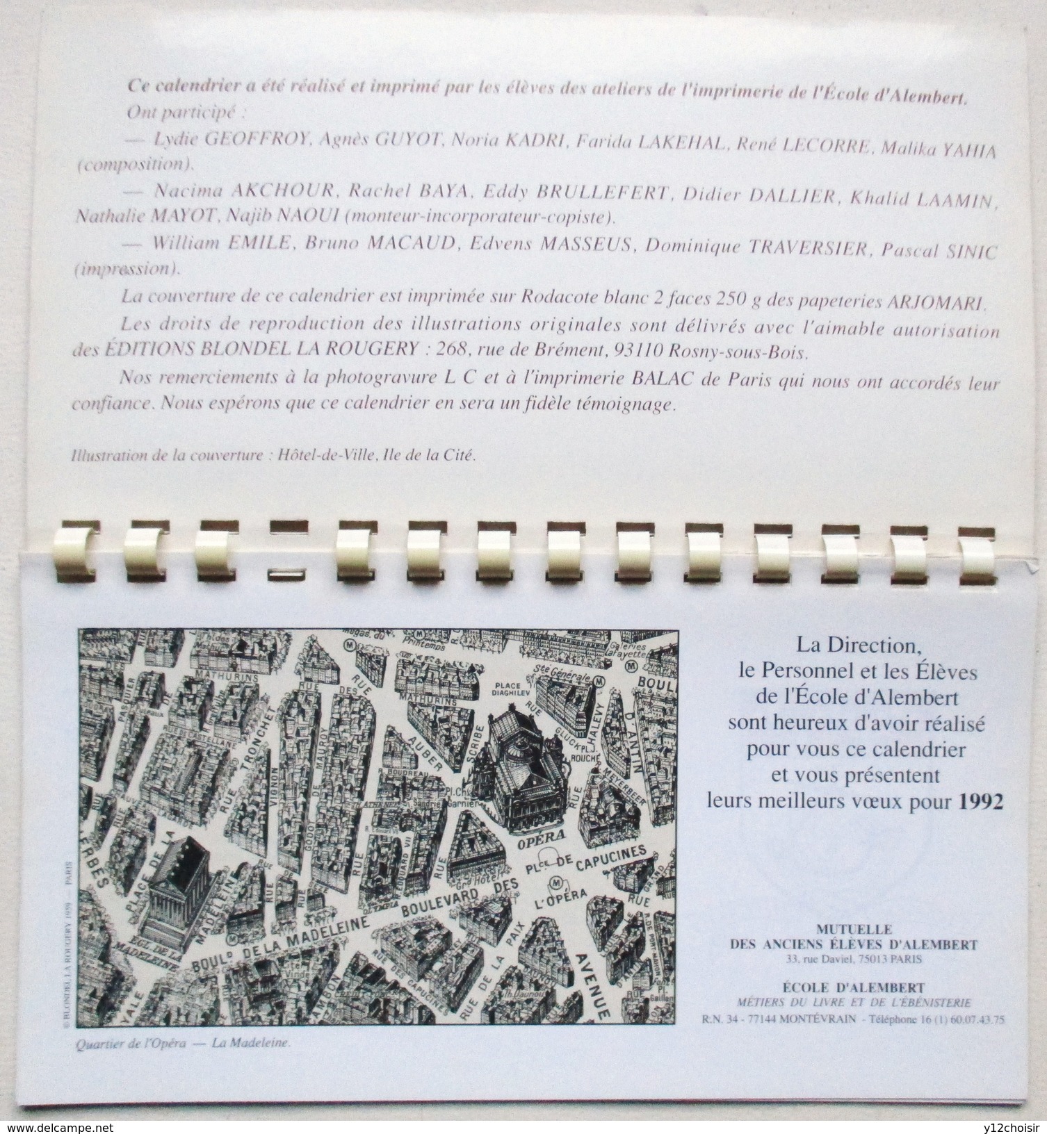 CALENDRIER COMPLET 1992 PLAN DE PARIS EN ELEVATION A VOL D OISEAU . PLAN DE TURGOT . ECOLE D ALEMBERT MONTEVRAIN - Autres & Non Classés