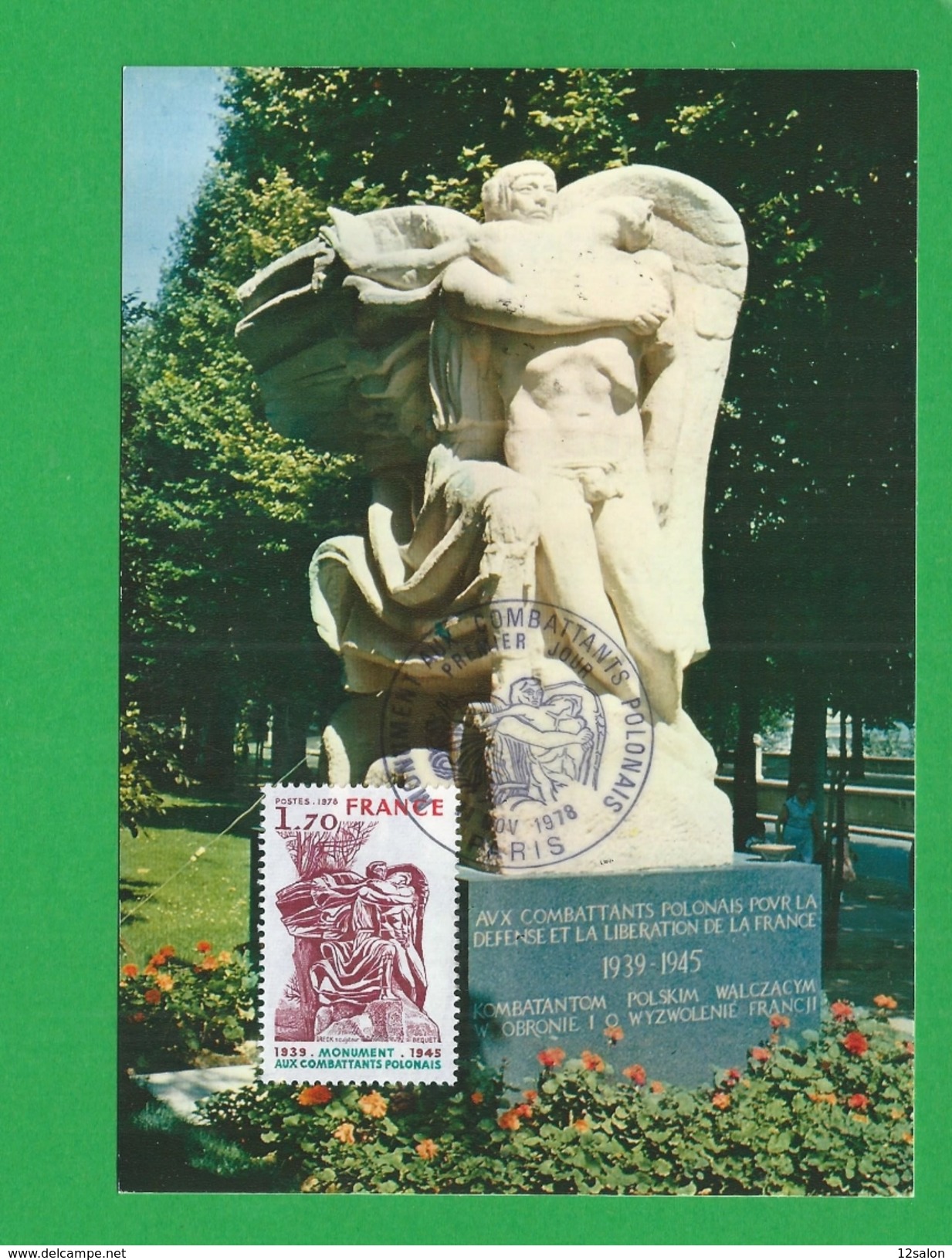 FRANCE CARTE MAXIMUM  N° 2021 Monument Aux Combattants Polonais Theme Ww2 Guerre Paix - 1970-1979