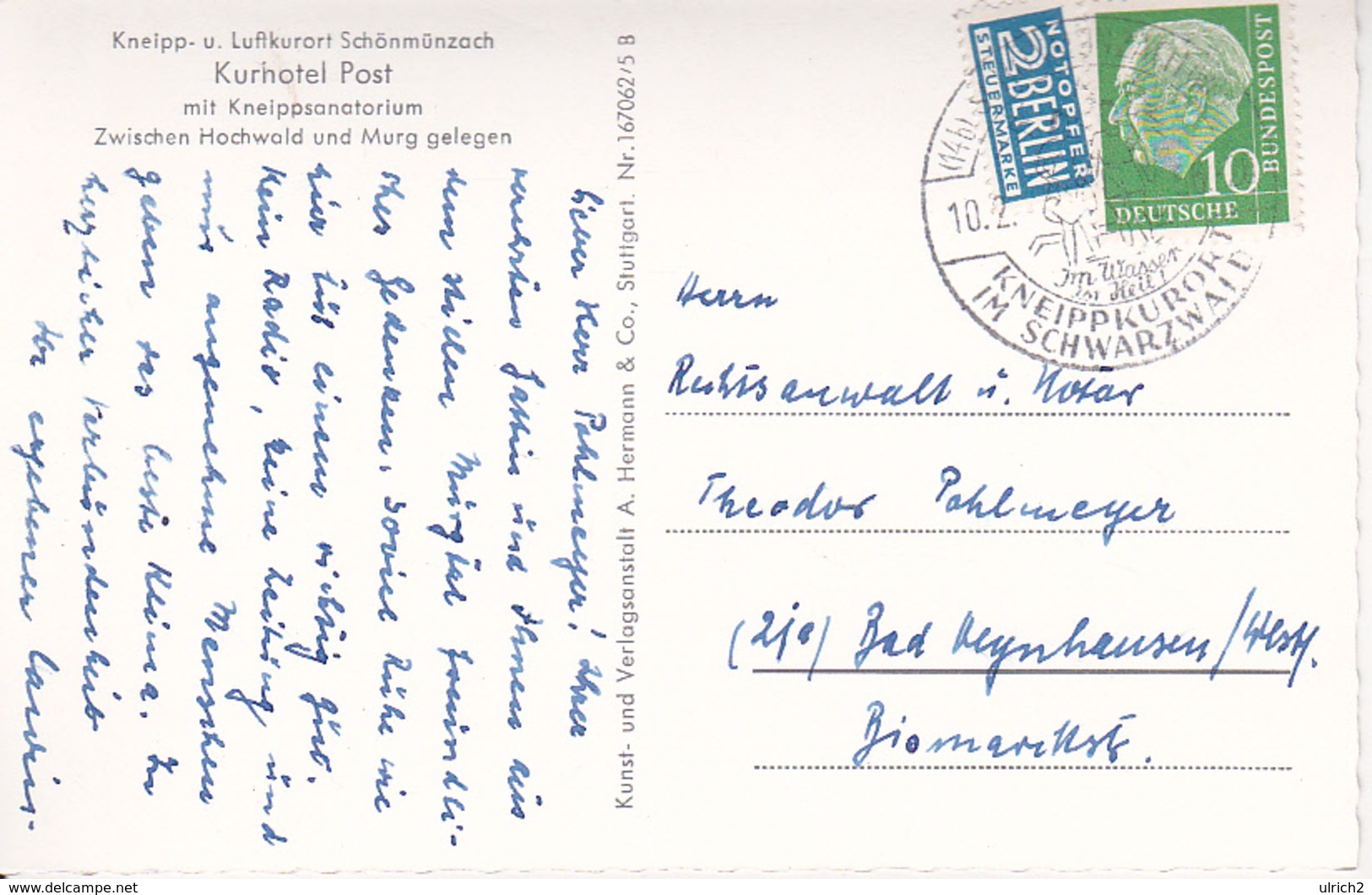 AK Schönmünzach - Kurhotel Post Mit Kneippsanatorium - Winter - 1956 (28046) - Baiersbronn