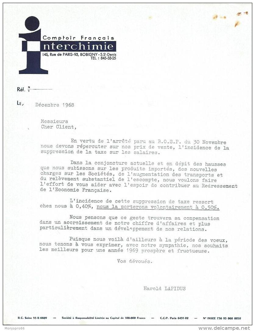 Lettre Recto Dactylographiée Verso Manuscrite Du Comptoir Français INTERCHIMIE De Bobigny Et De 1968 - 1950 - ...