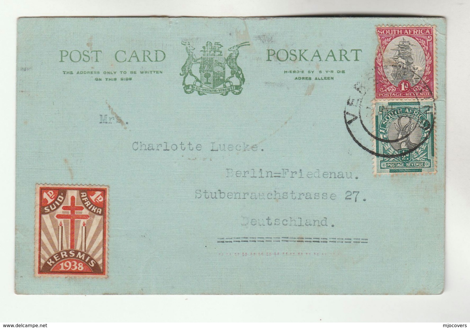 1938 SOUTH AFRICA TB LABEL On 1939 CARD Cover Tuberculosis To GERMANY Health Medicine Stamps - Disease