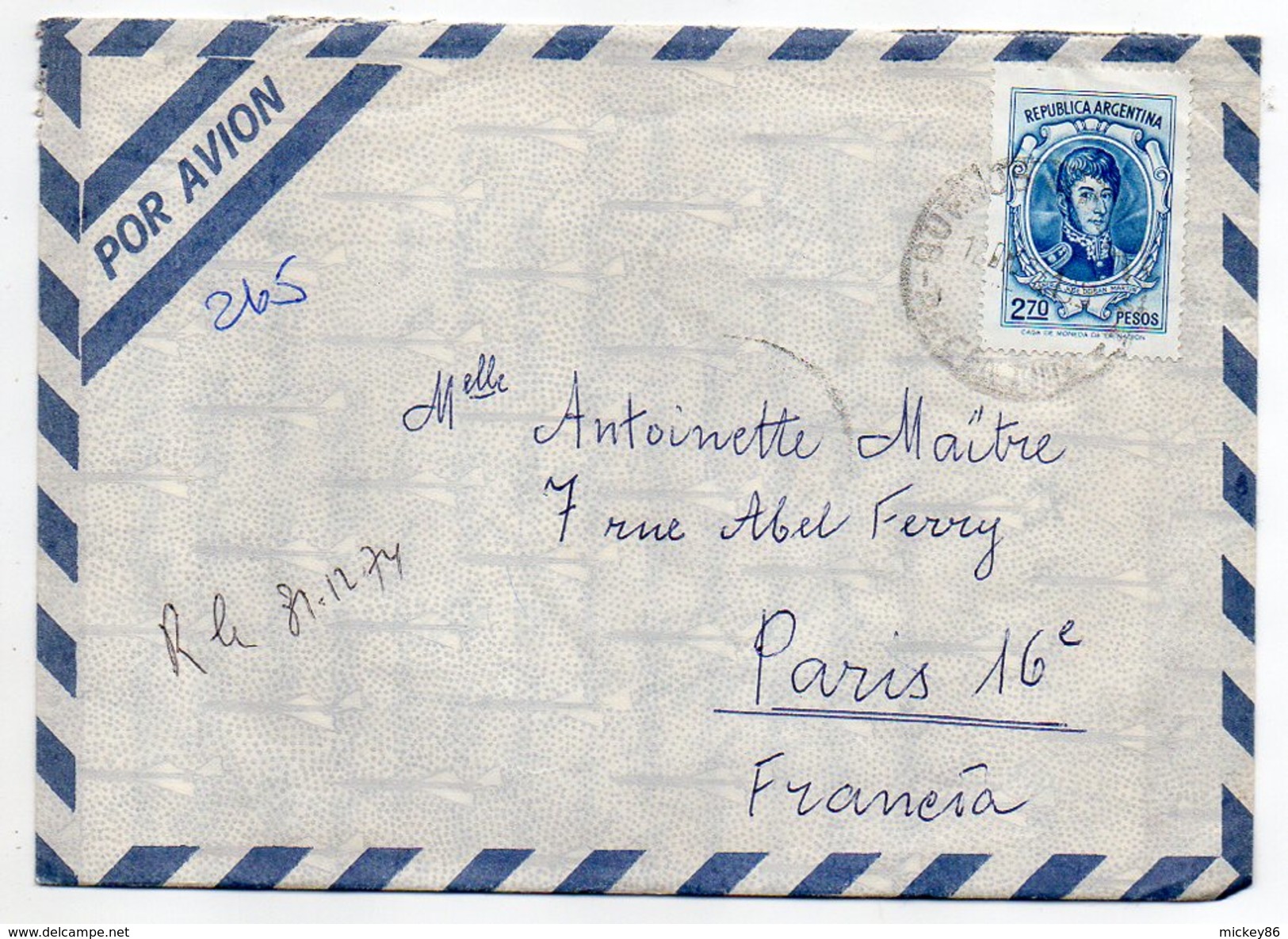 Argentine--1974--Lettre De BUENOS AIRES Pour PARIS (France)-tp Seul Sur Lettre - Briefe U. Dokumente