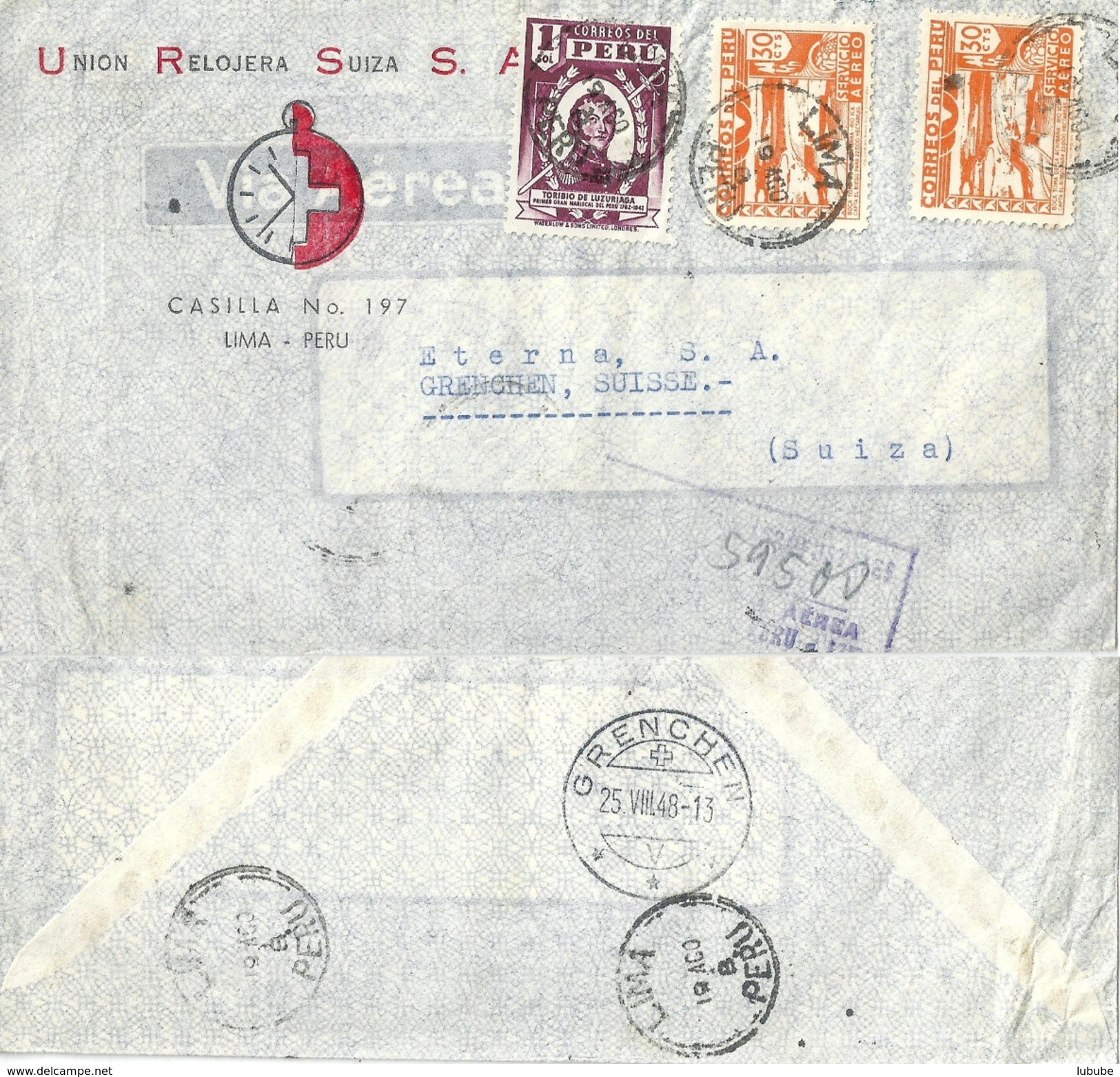 Airmail R Brief  "Union Relojera Suiza SA, Lima" - Grenchen             1948 - Peru