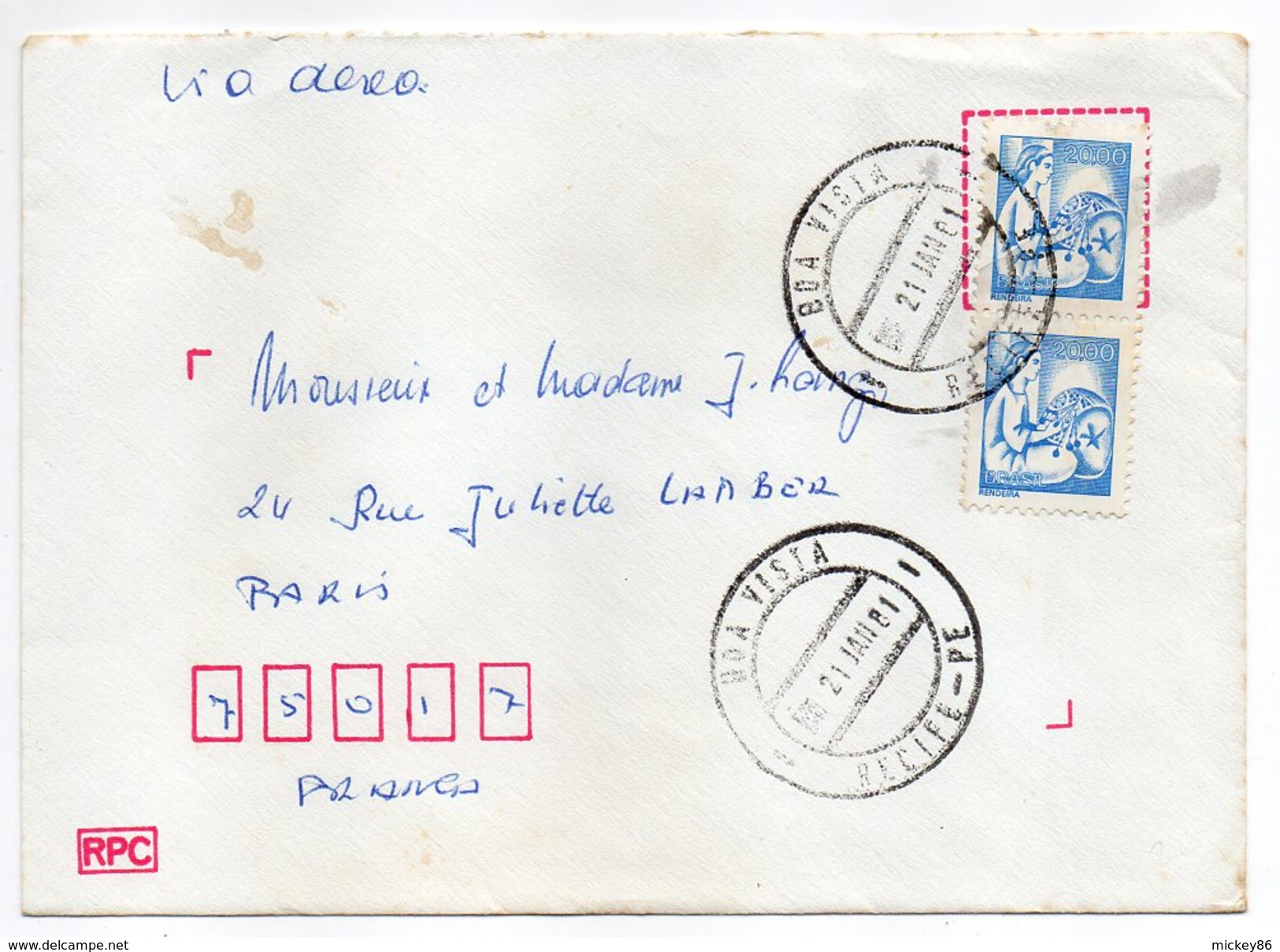 Brésil -1981--Lettre De BOA VISTA (Recife) Pour PARIS (France)--paire De Timbres Sur Lettre-- Beau Cachet - Briefe U. Dokumente