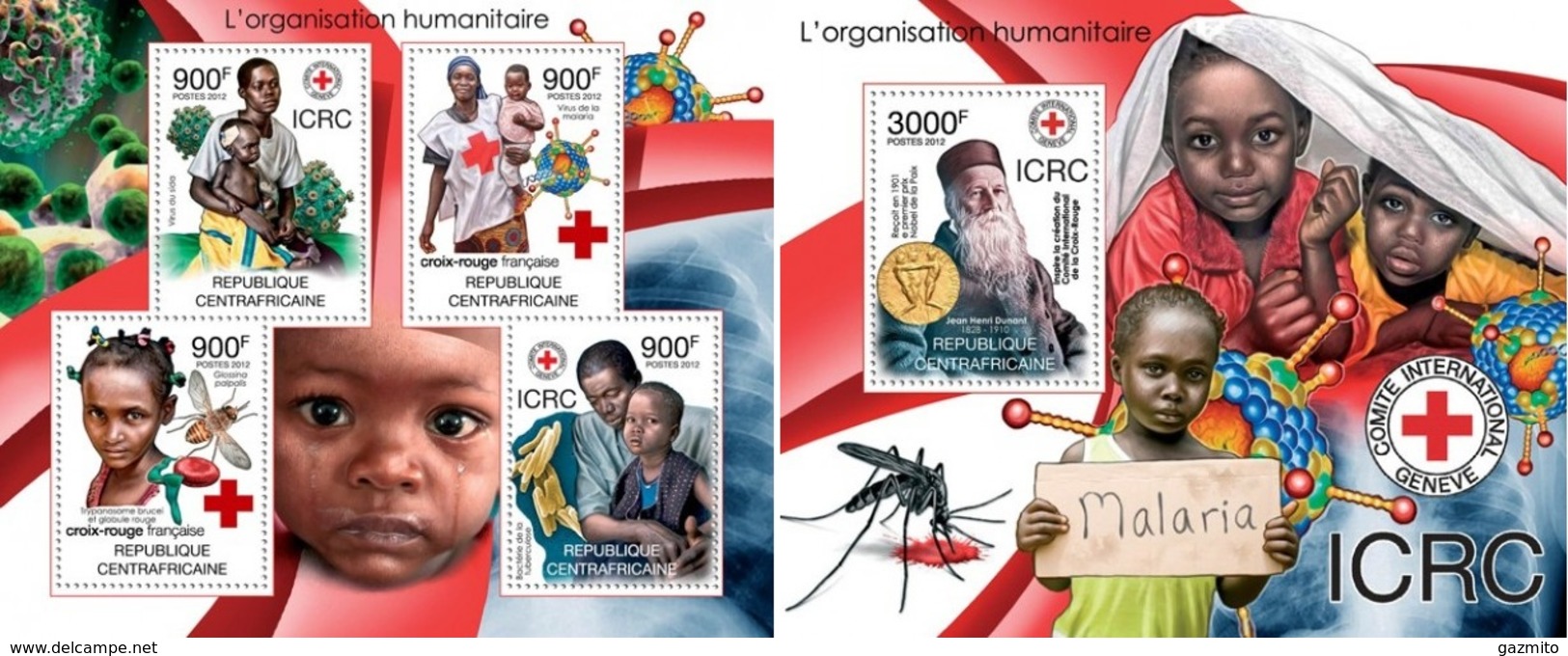 Centrafrica 2012, Red Cross Of France, Dunant, 4val In BF+BF - Henry Dunant