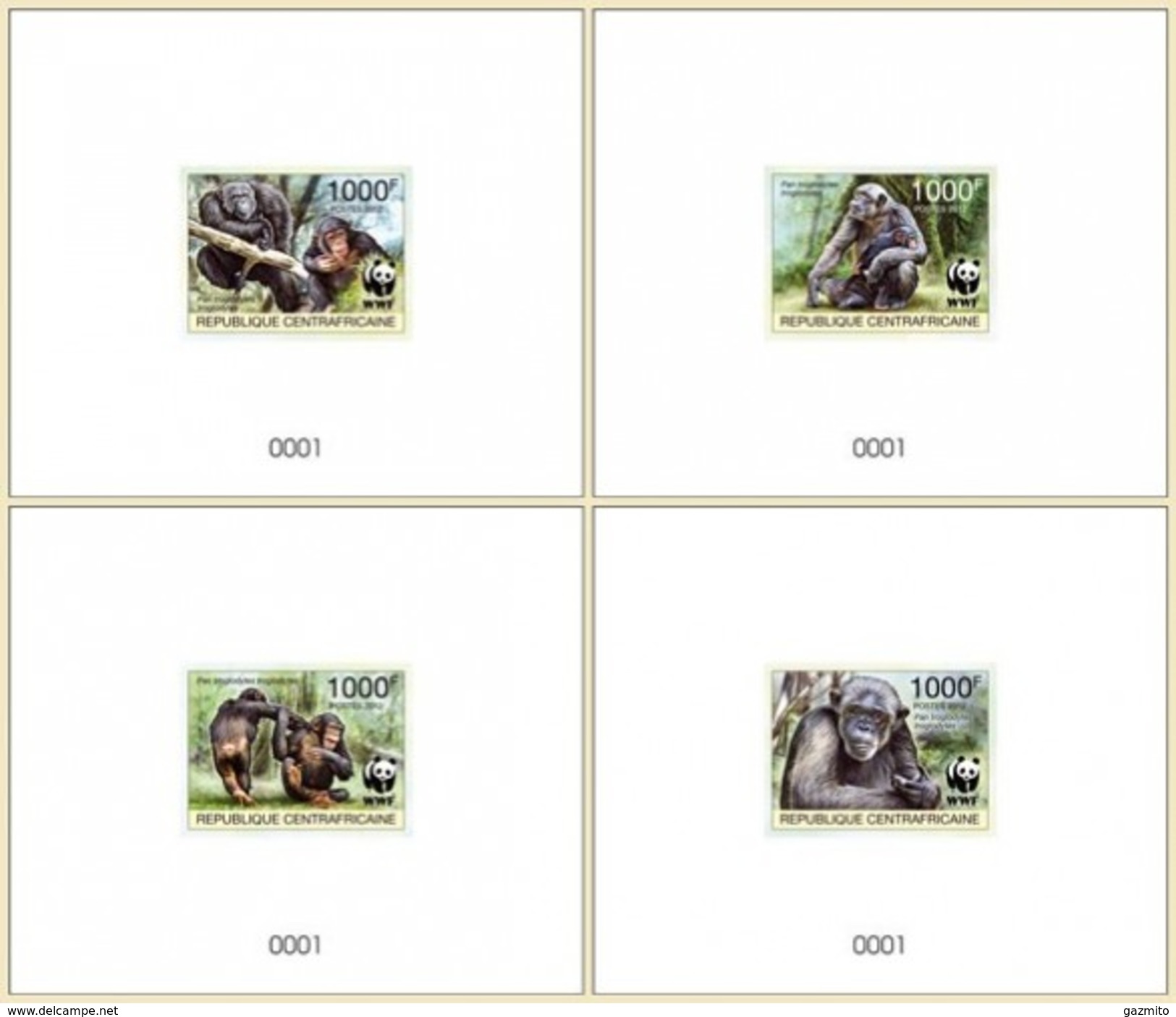 Centrafrica 2012, WWF, Gorilla, 4 BF De Luxe IMPERF. - Gorilla