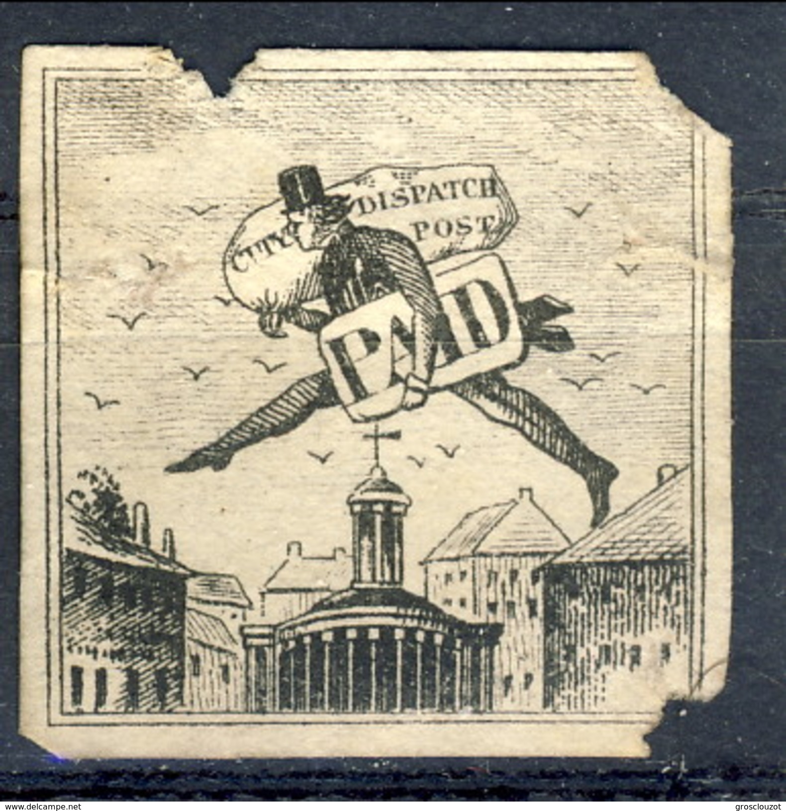 US Local, RARITA', 1843, City Dispatch Post PAID, New York (il Primo Francobollo Pittorico Del Mondo) I° Tipo, Difettoso - Postes Locales