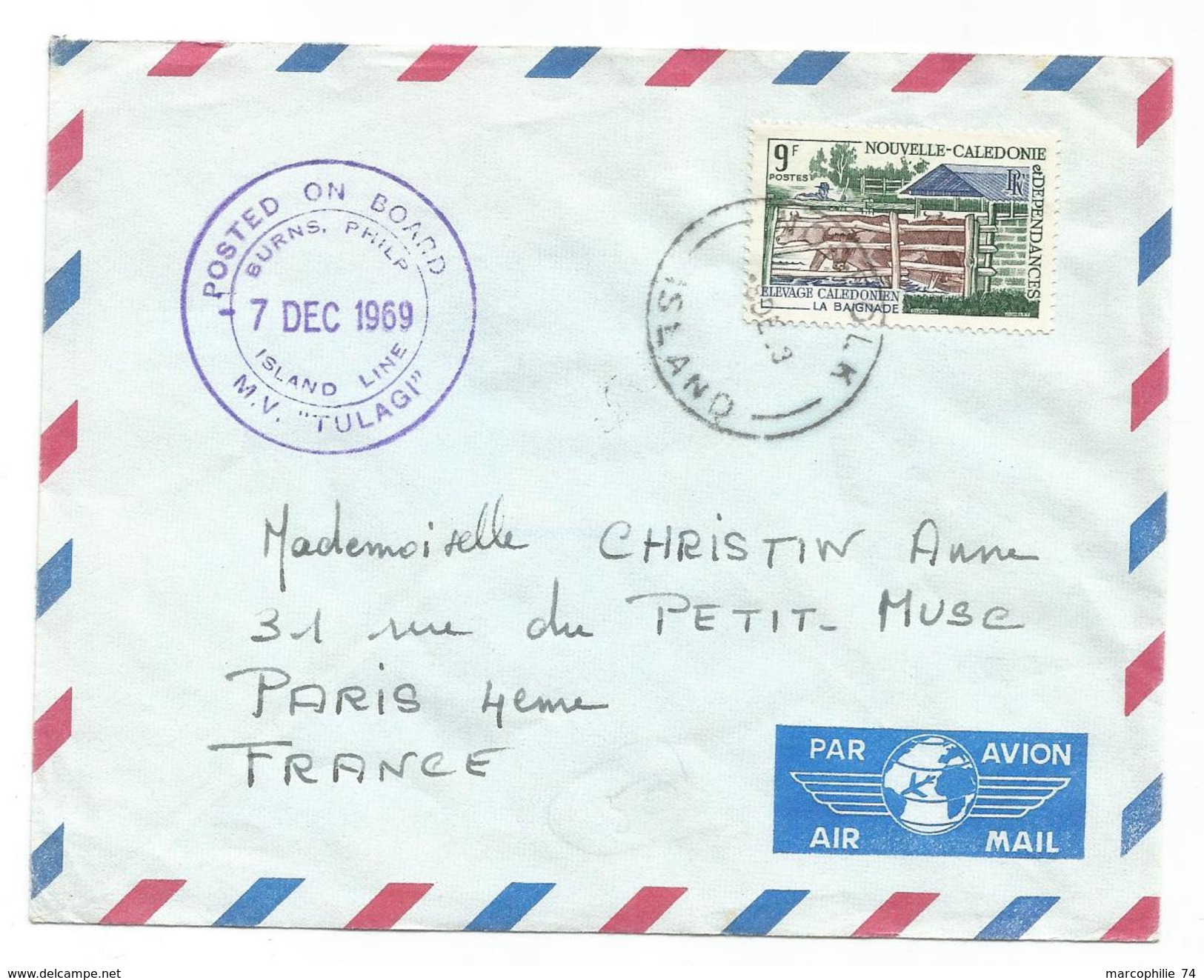 NOUVELLE CALEDONIE 9FR LETTRE NORFOLK ISLAND 1969 + MV TULAGI SUPERBE - Maritime Post