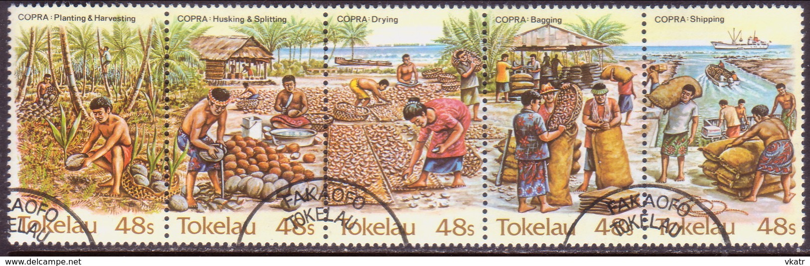 TOKELAU 1984 SG 103-107 Compl.set In Horiz. Strip Of 5 Used Copra Industry - Tokelau