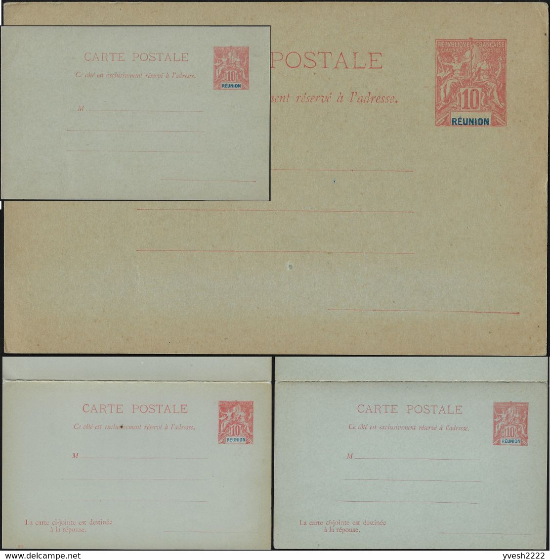 Réunion 1900. 3 Entiers Postaux, Cartes Avec Et Sans Réponse Payée. Curiosité, « Réunion » Décentré - Lettres & Documents