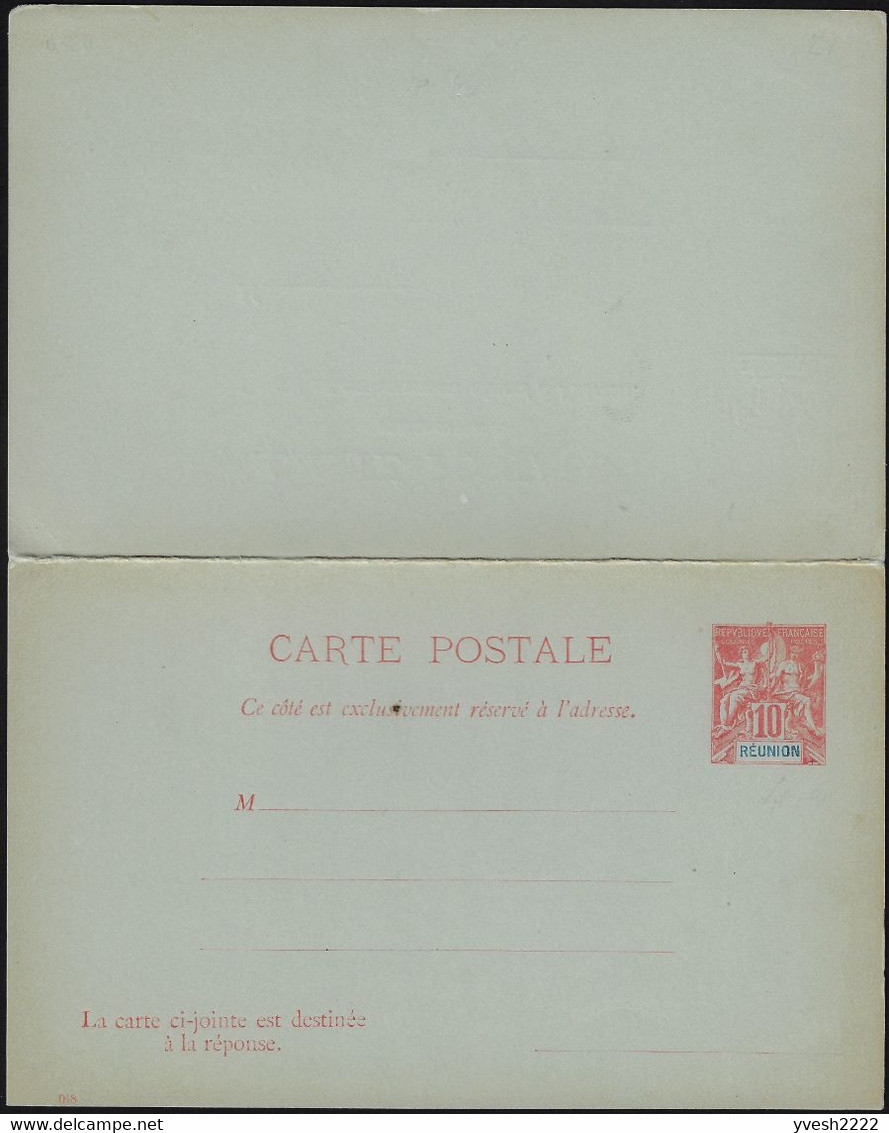 Réunion 1900. 3 Entiers Postaux, Cartes Avec Et Sans Réponse Payée. Curiosité, « Réunion » Décentré - Brieven En Documenten