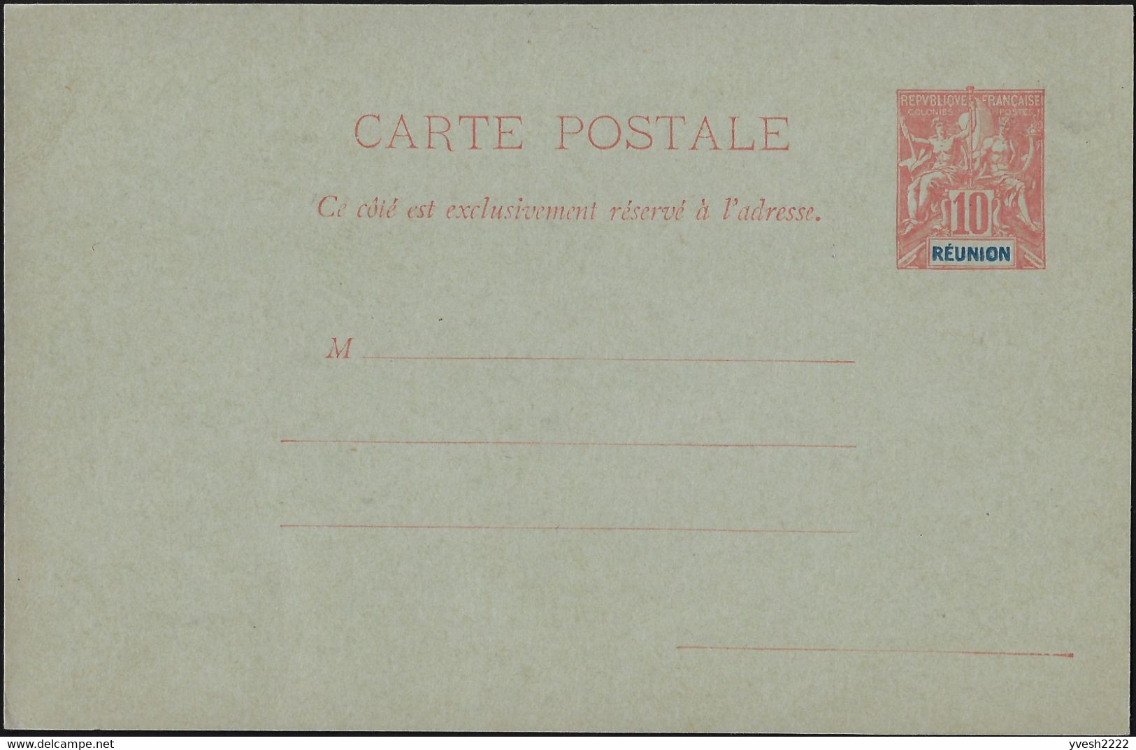 Réunion 1900. 3 entiers postaux, cartes avec et sans réponse payée. Curiosité, « Réunion » décentré
